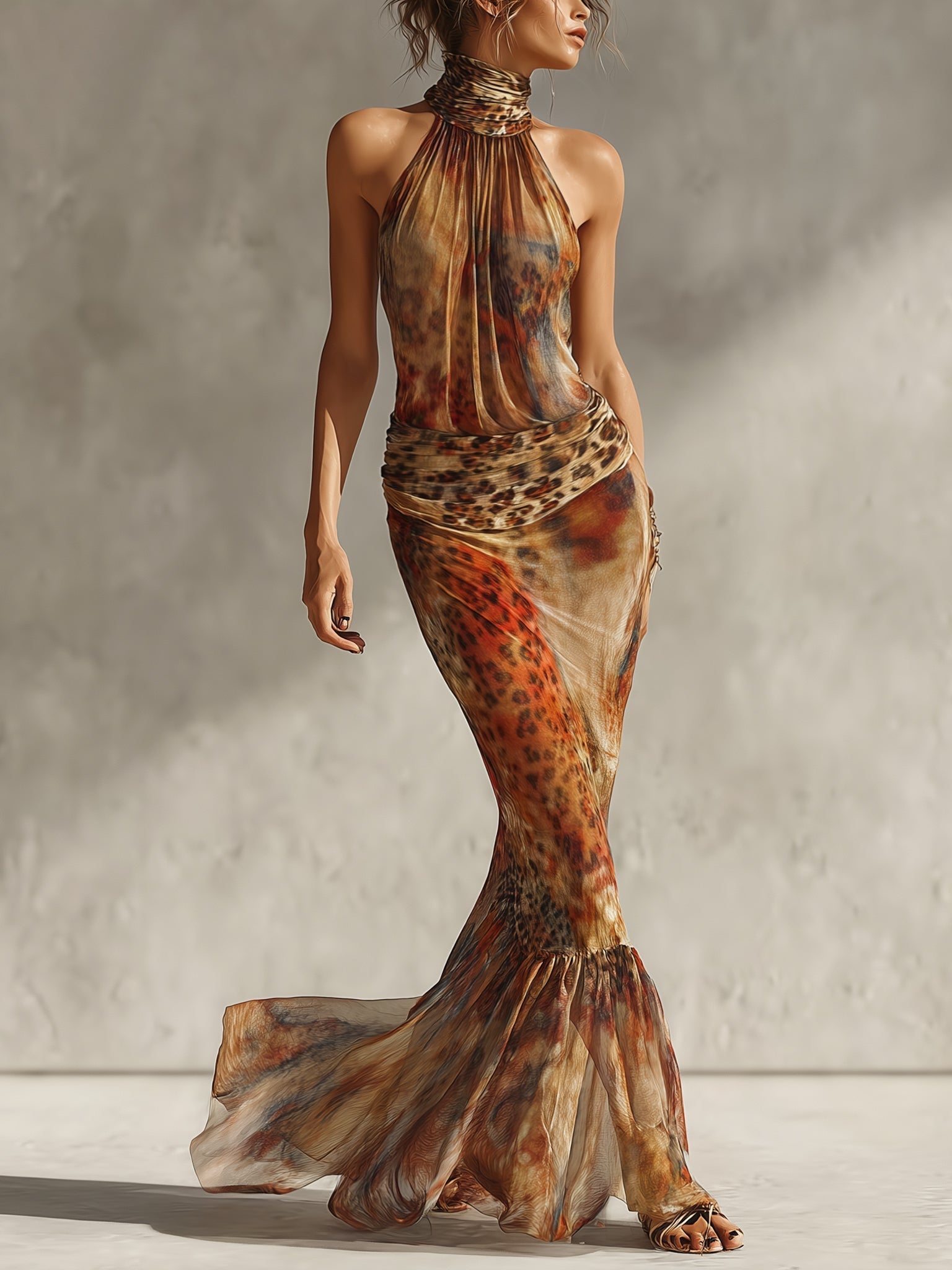 Vestido ajustado de malla elástica con estampado de leopardo y degradado marrón