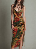 Vestido midi de cuello vuelto con estampado retro de colores vivos y abertura alta