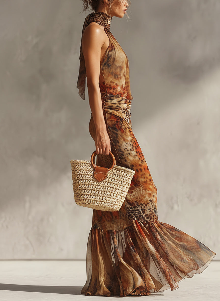 Vestido ajustado de malla elástica con estampado de leopardo y degradado marrón