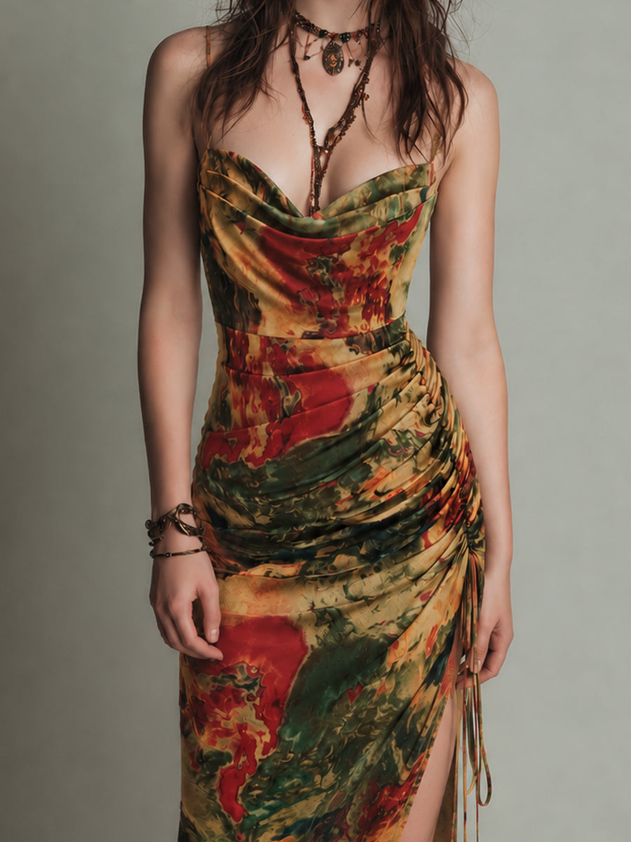 Vestido midi de cuello vuelto con estampado retro de colores vivos y abertura alta