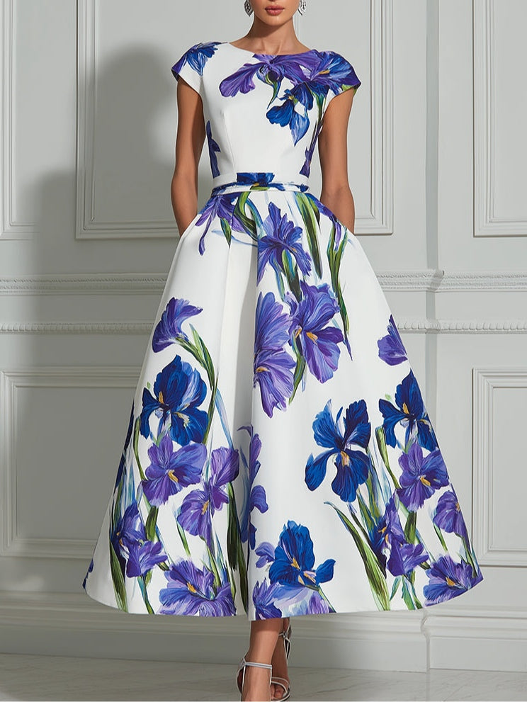 Elegante vestido midi de corte en A con estampado floral de lirios azules