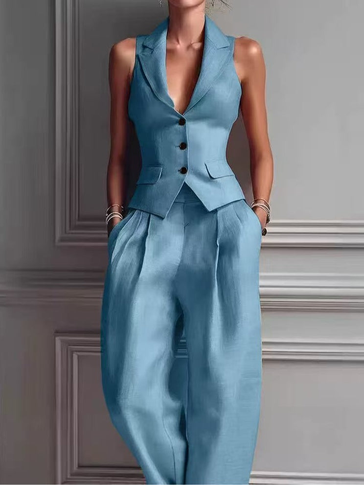 Chaleco sexy de mujer con cuello en V y botones en la parte delantera y conjunto informal a la última