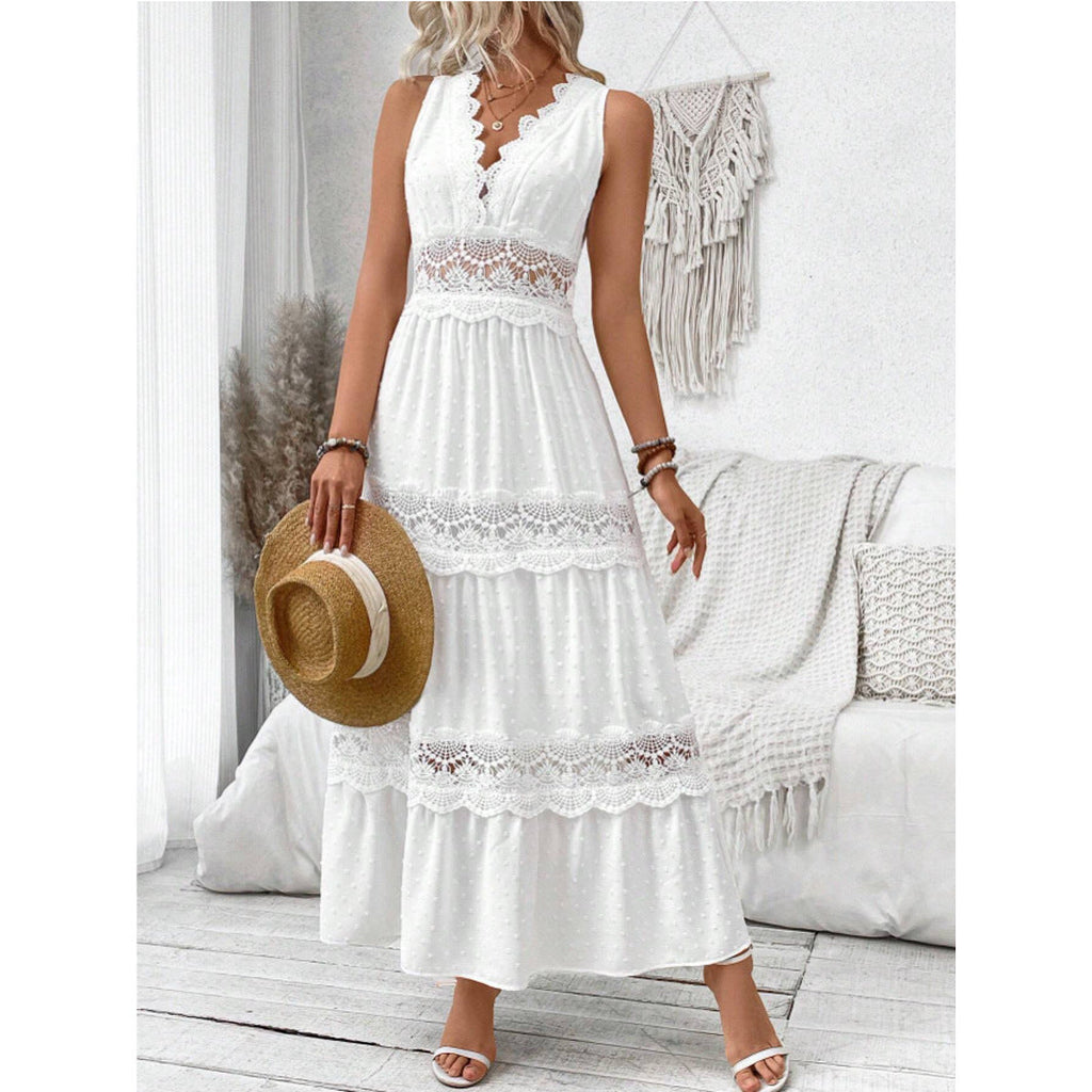 Vestido sin mangas con cuello en V y paneles de encaje para mujer