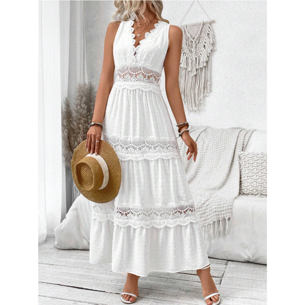 Vestido sin mangas con cuello en V y paneles de encaje para mujer