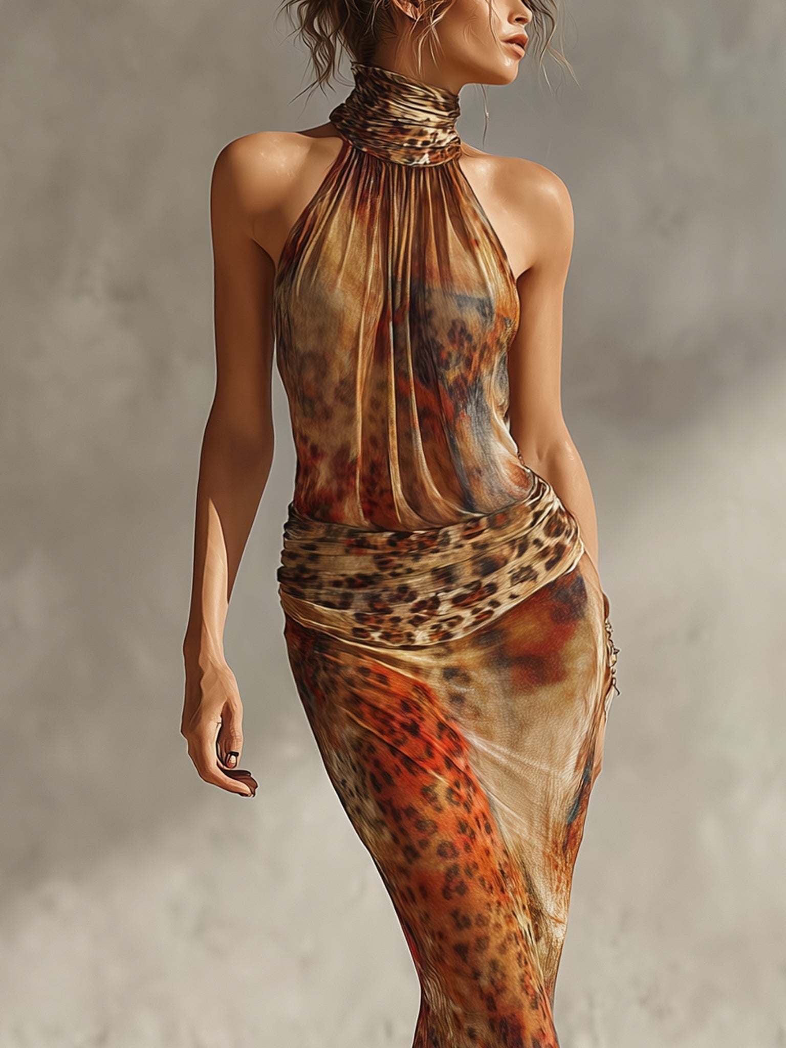 Vestido ajustado de malla elástica con estampado de leopardo y degradado marrón