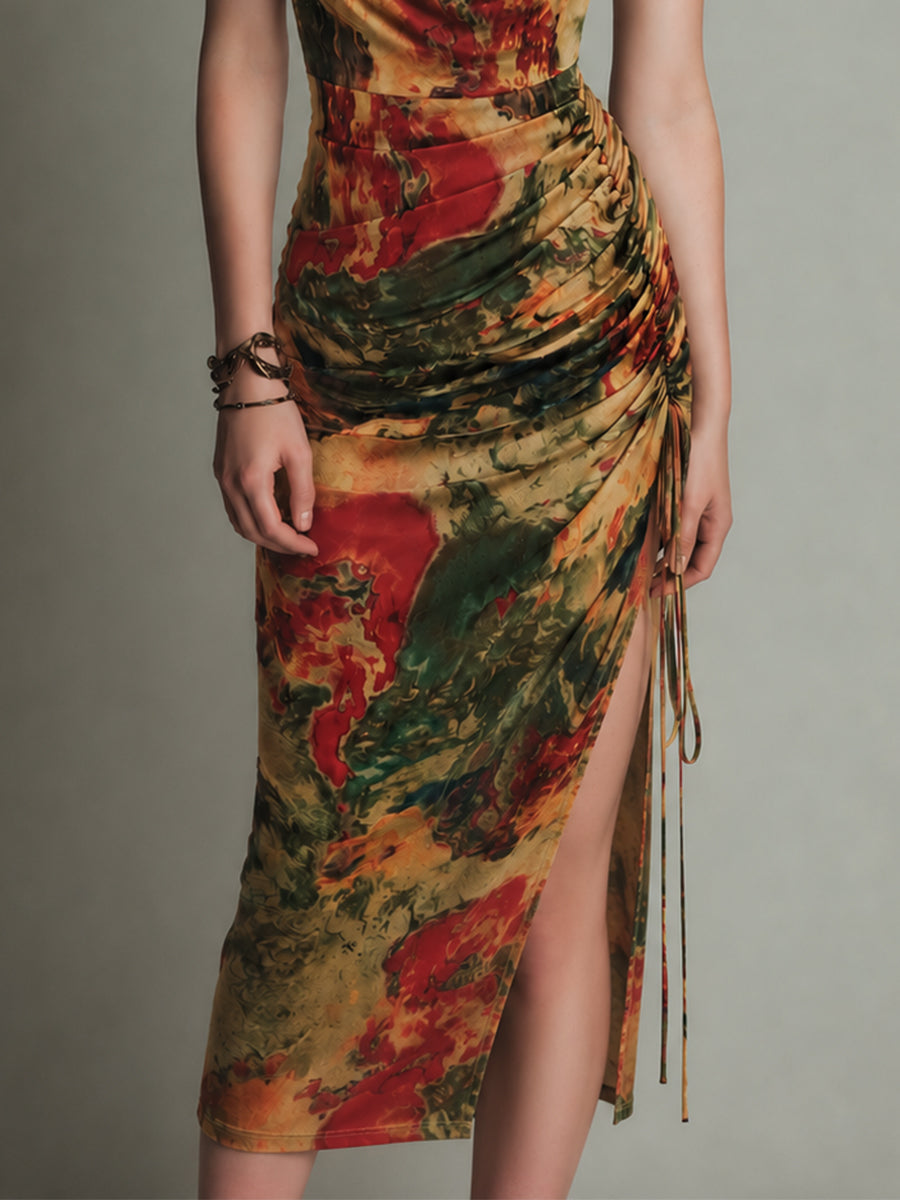 Vestido midi de cuello vuelto con estampado retro de colores vivos y abertura alta