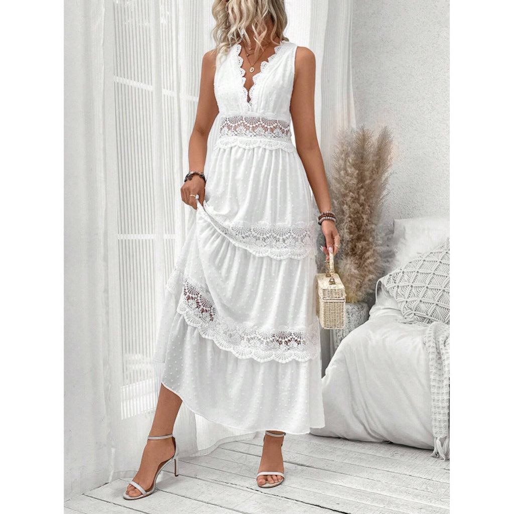 Vestido sin mangas con cuello en V y paneles de encaje para mujer