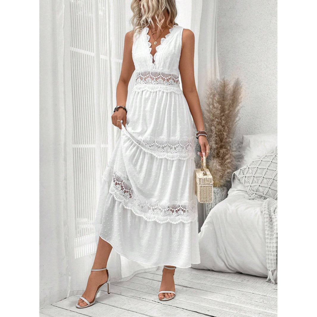 Vestido sin mangas con cuello en V y paneles de encaje para mujer