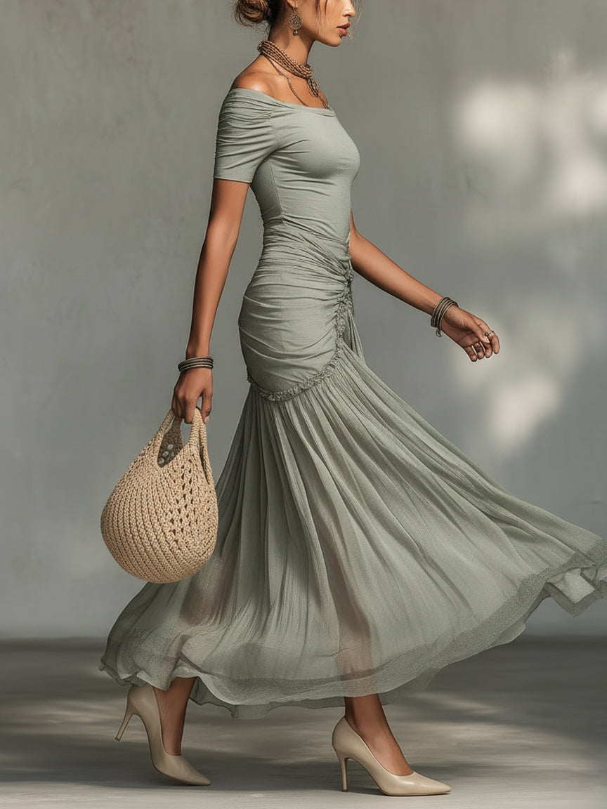 Vestido largo de tejido elástico gris y gasa