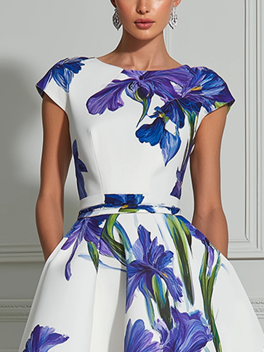 Elegante vestido midi de corte en A con estampado floral de lirios azules