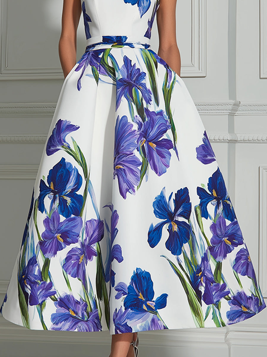Elegante vestido midi de corte en A con estampado floral de lirios azules