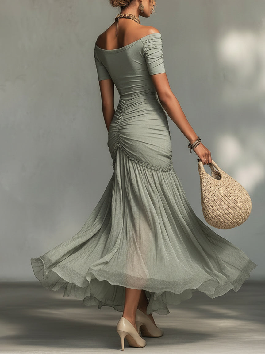 Vestido largo de tejido elástico gris y gasa