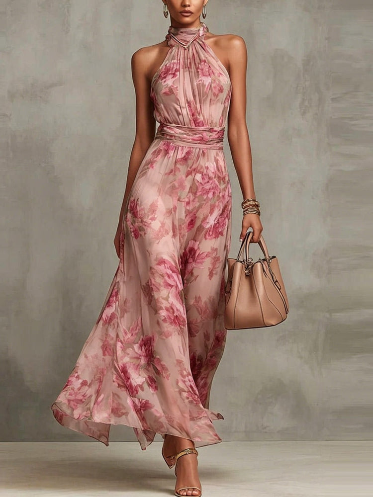 Vestido largo de tirantes al cuello en gasa con estampado floral rosa