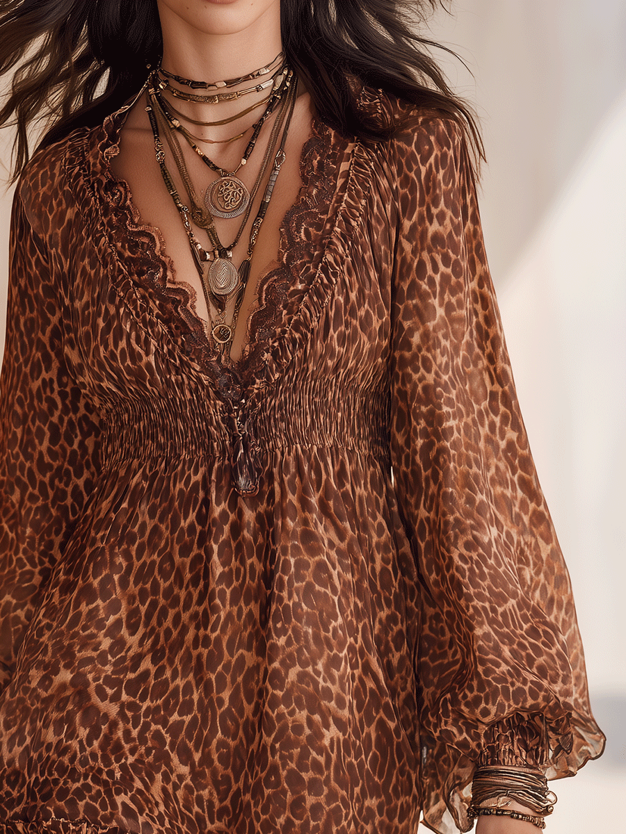Minivestido de gasa con volantes y cuello en V, con estampado de leopardo marrón