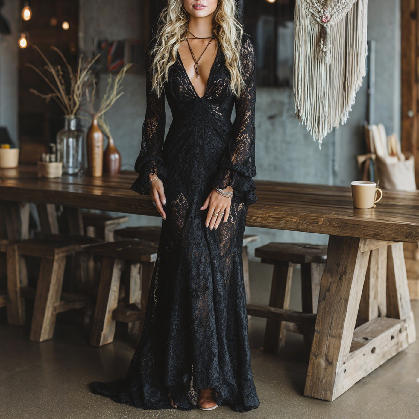 Vestido largo de estilo gótico, de encaje negro, entallado, con cuello en V y mangas acampanadas
