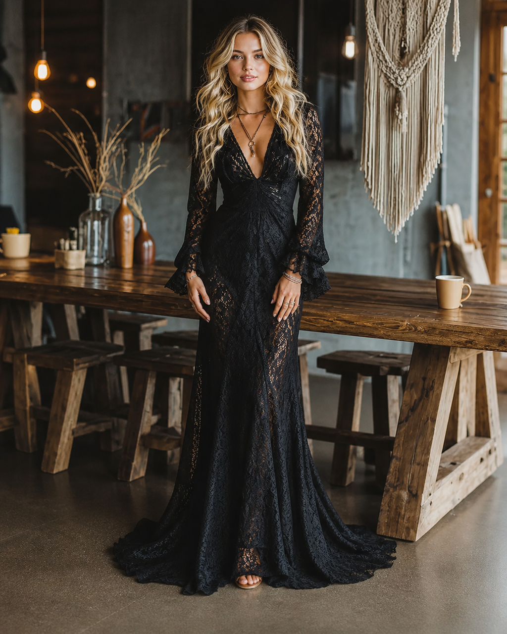 Vestido largo de estilo gótico, de encaje negro, entallado, con cuello en V y mangas acampanadas