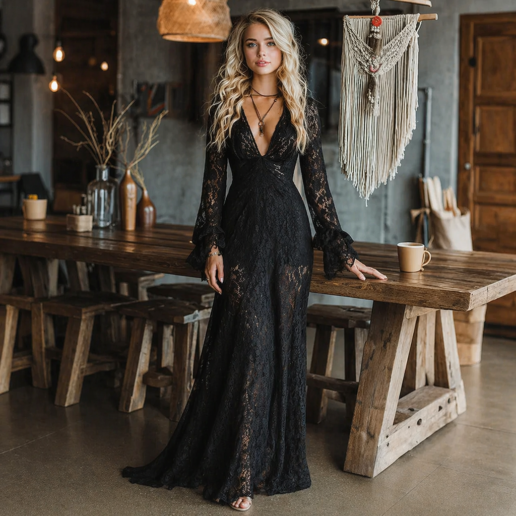 Vestido largo de estilo gótico, de encaje negro, entallado, con cuello en V y mangas acampanadas