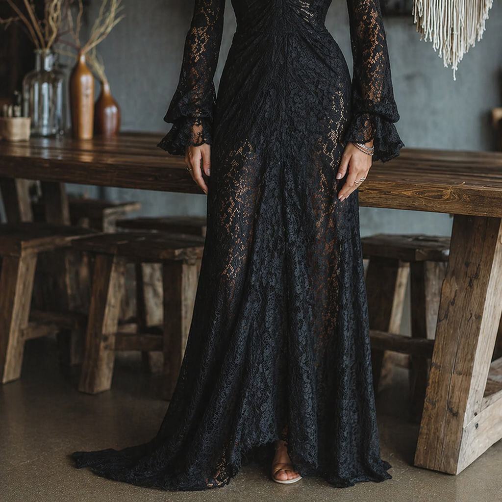 Vestido largo de estilo gótico, de encaje negro, entallado, con cuello en V y mangas acampanadas