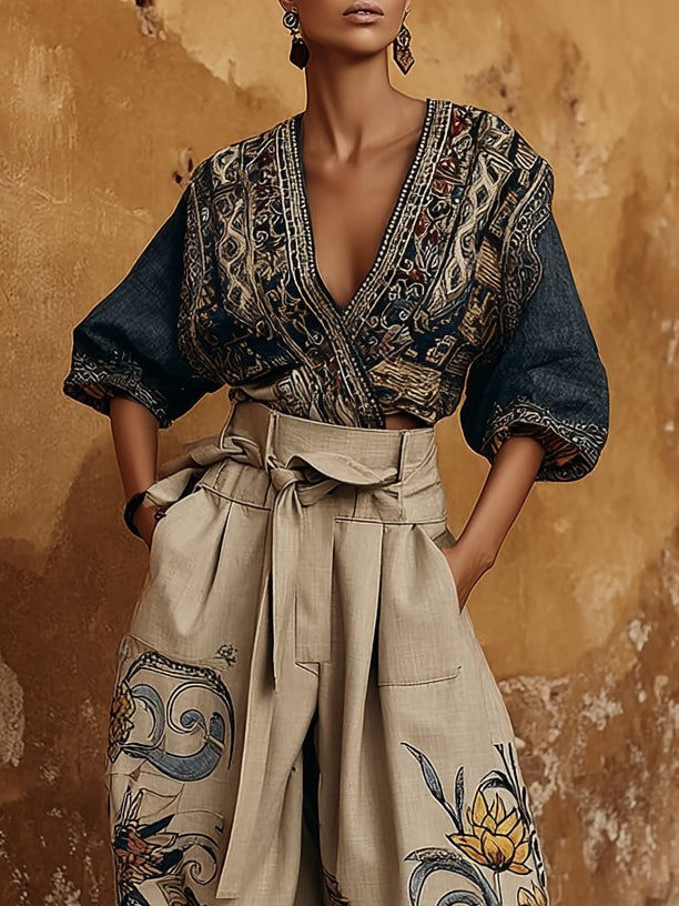 Conjunto elegante compuesto por un top con estampado étnico y unos pantalones holgados