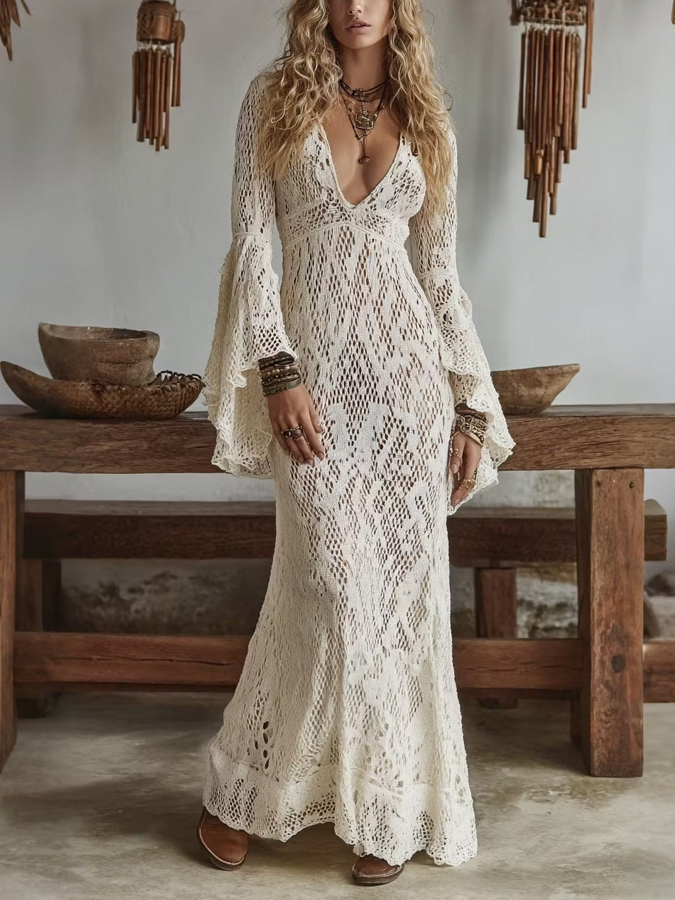 Vestido largo de color blanco roto con cuello en V, escote recortado y mangas acampanadas