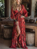 Vestido largo de gasa con corte alto y estampado floral retro