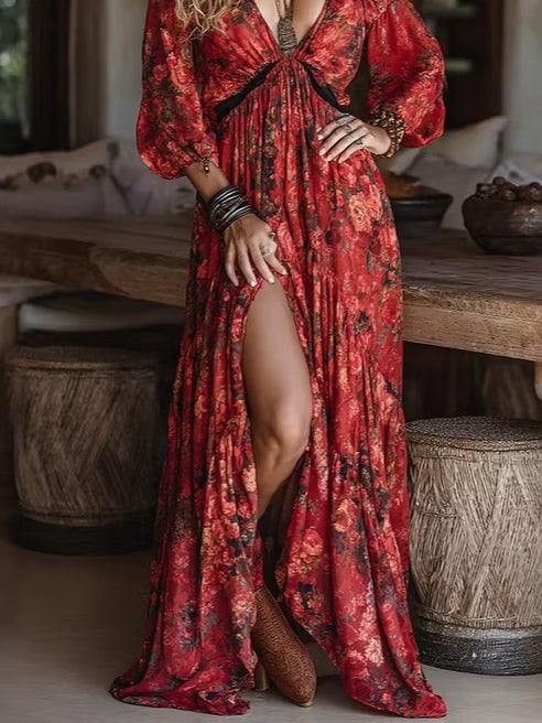 Vestido largo de gasa con corte alto y estampado floral retro