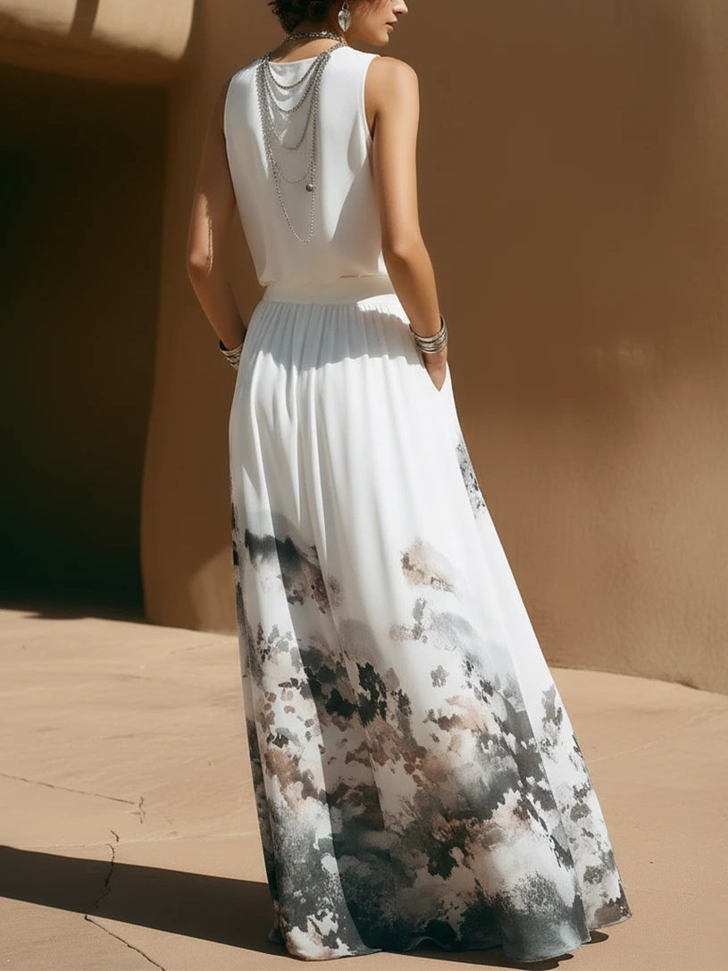 Conjunto de top de gasa blanca y falda con estampado lavada a tinta