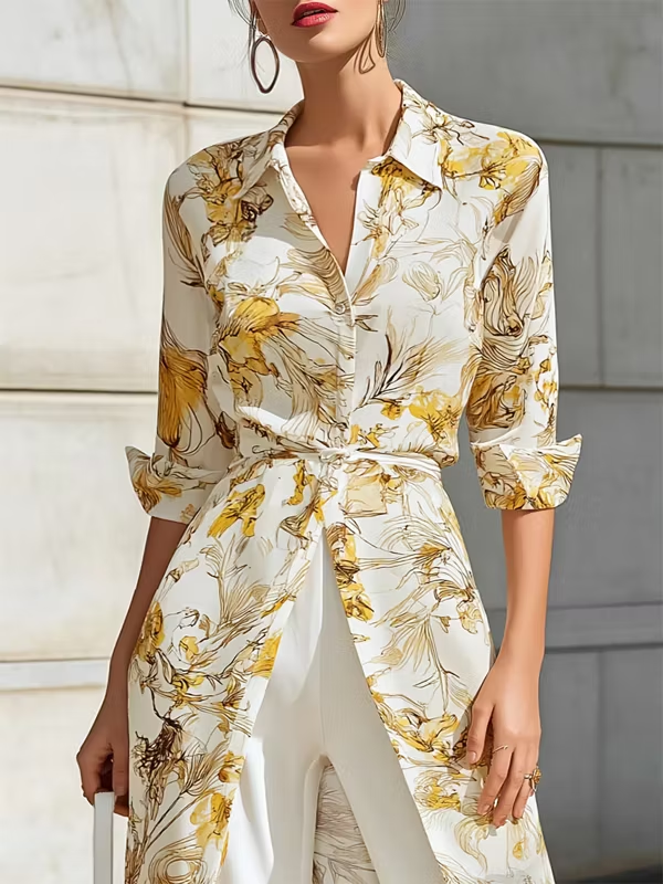 Conjunto de camisa larga con estampado floral dorado y pantalón blanco de corte ancho