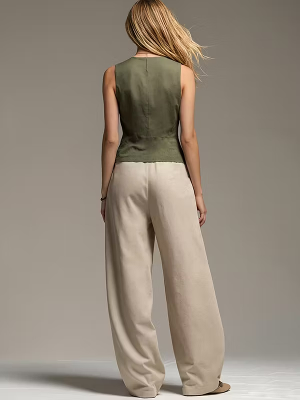 Conjunto de dos piezas compuesto por un chaleco verde oliva y unos pantalones caqui de corte ancho