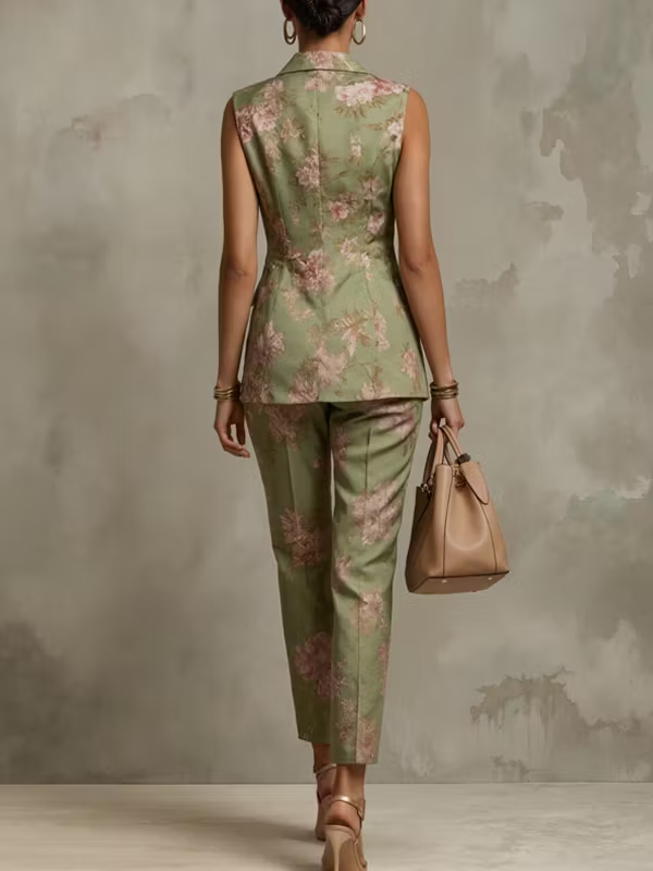 Conjunto de dos piezas compuesto por chaleco y pantalón con estampado floral verde