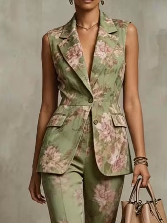 Conjunto de dos piezas compuesto por chaleco y pantalón con estampado floral verde