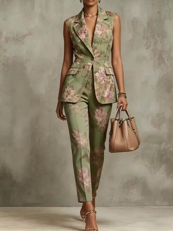 Conjunto de dos piezas compuesto por chaleco y pantalón con estampado floral verde