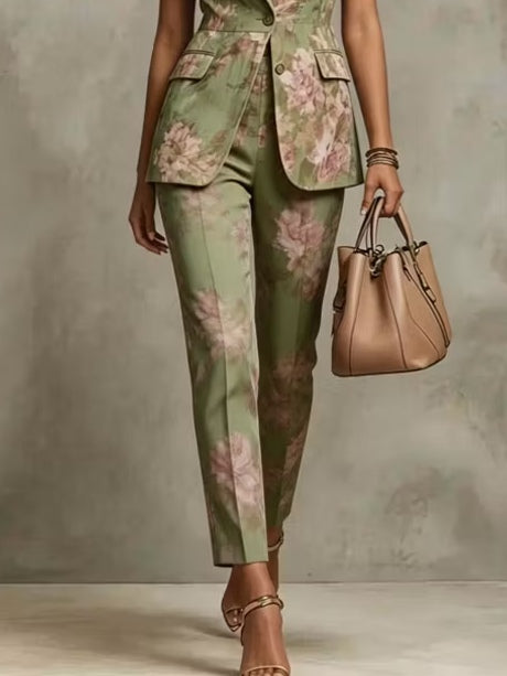 Conjunto de dos piezas compuesto por chaleco y pantalón con estampado floral verde