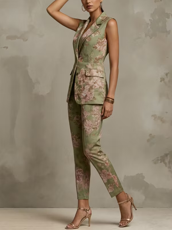 Conjunto de dos piezas compuesto por chaleco y pantalón con estampado floral verde