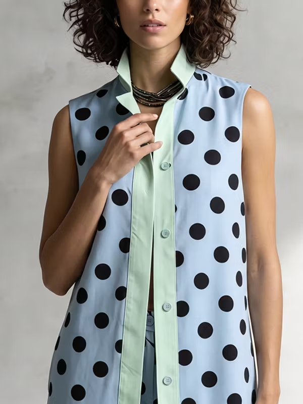 Conjunto de camisa larga azul cielo sin mangas con lunares y pantalones de pierna ancha