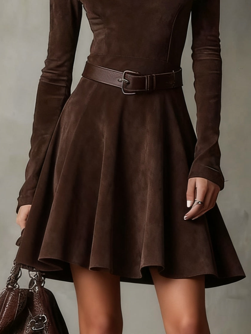 Minivestido vintage de ante marrón oscuro con cuello alto