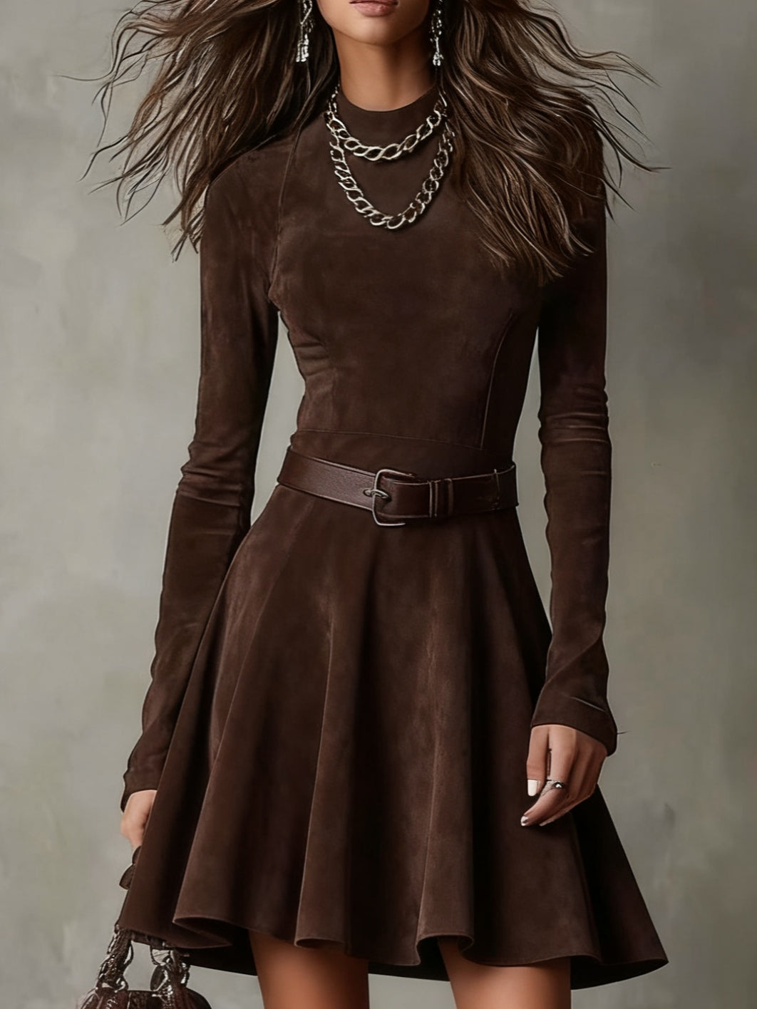 Minivestido vintage de ante marrón oscuro con cuello alto
