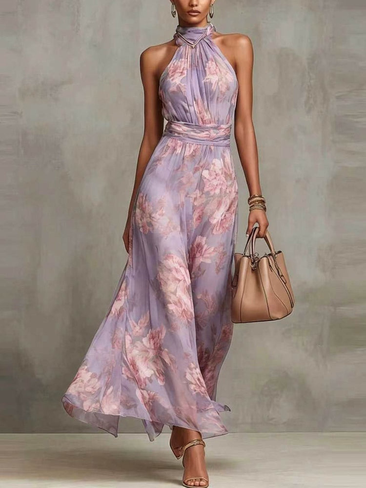 Vestido largo de tirantes al cuello en gasa con estampado floral rosa