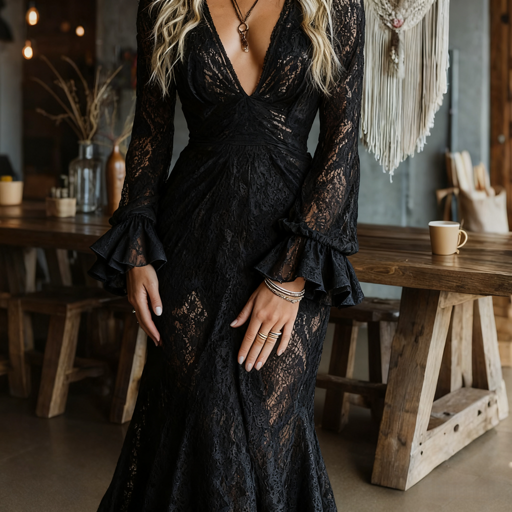 Vestido largo de estilo gótico, de encaje negro, entallado, con cuello en V y mangas acampanadas
