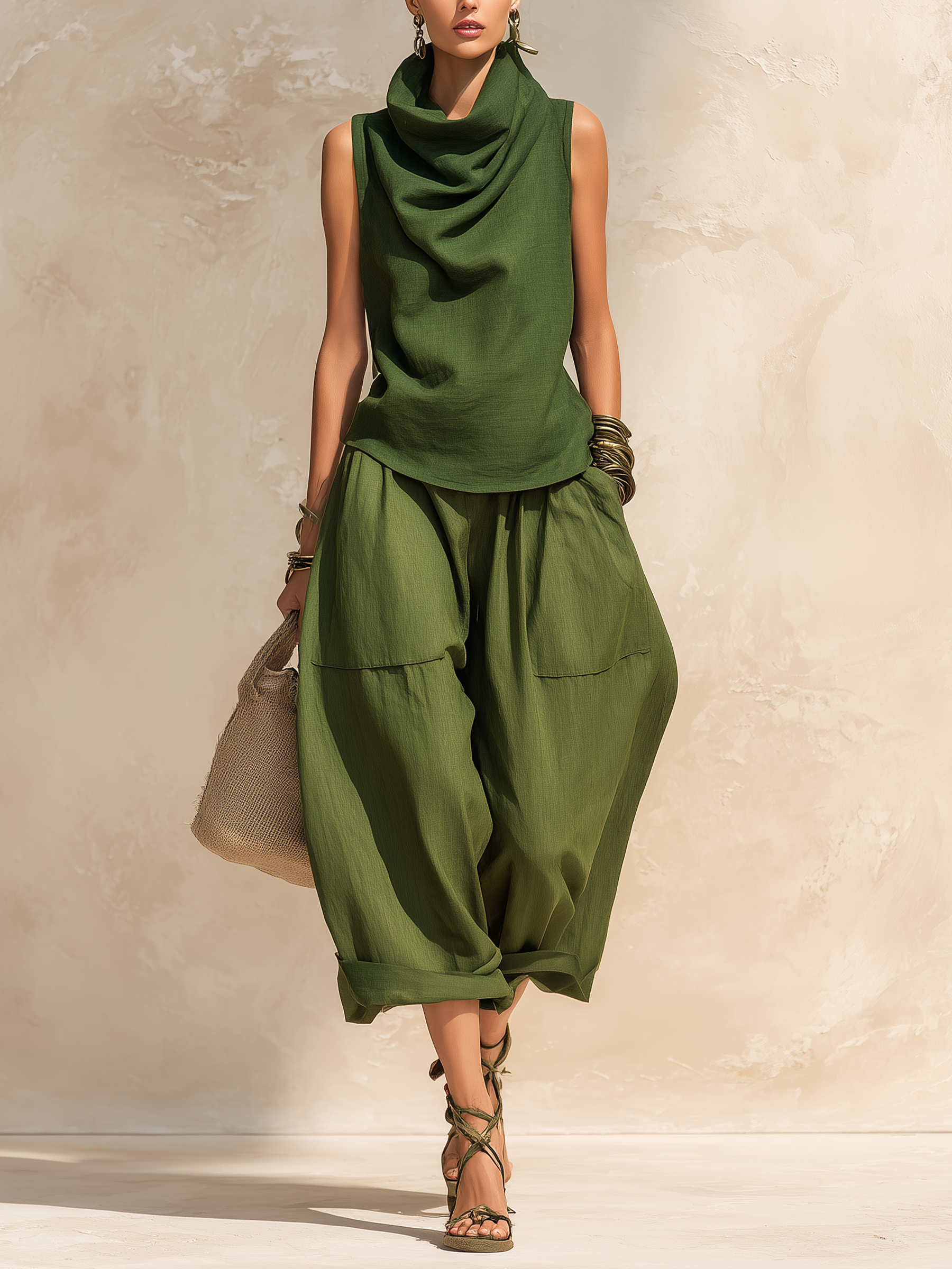 Conjunto compuesto por un top sin mangas de cuello vuelto verde y unos pantalones de tiro bajo