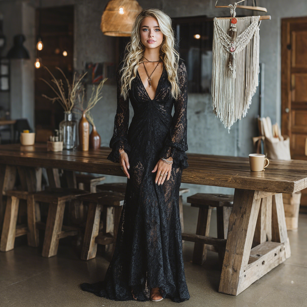 Vestido largo de estilo gótico, de encaje negro, entallado, con cuello en V y mangas acampanadas