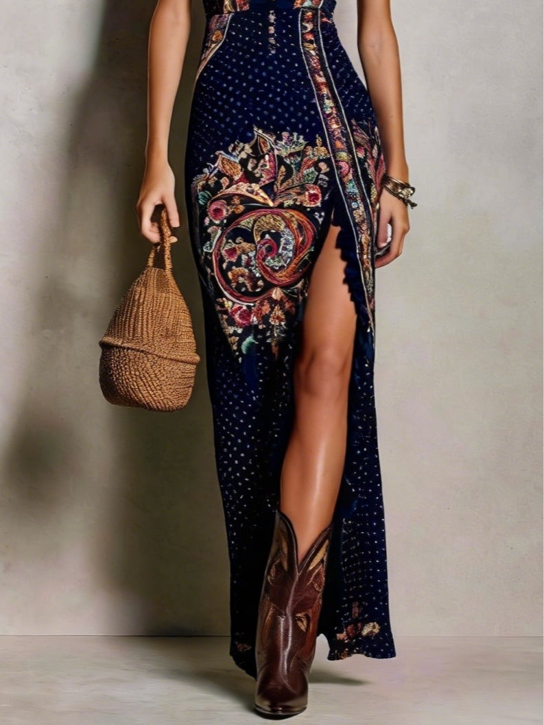 Vestido azul marino con estampado bohemio, escote en V pronunciado y abertura alta